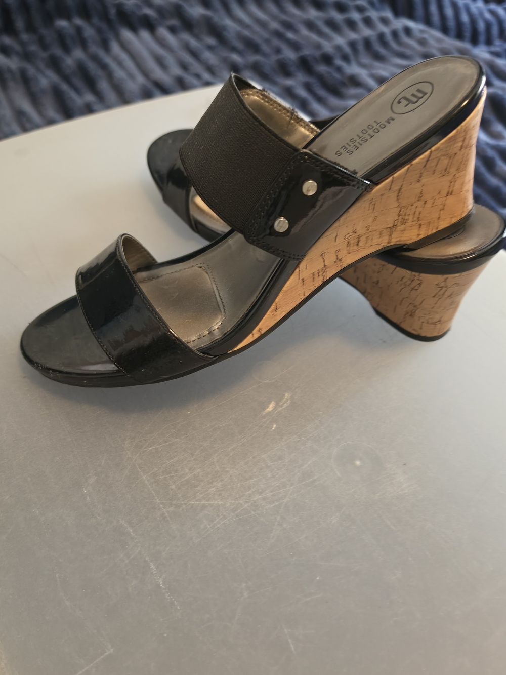 Mootsie Tootsies Black Patent Cork Wedge Slide Sandals -
